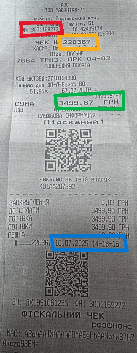 Приклад фіскального чека з позначеними полями